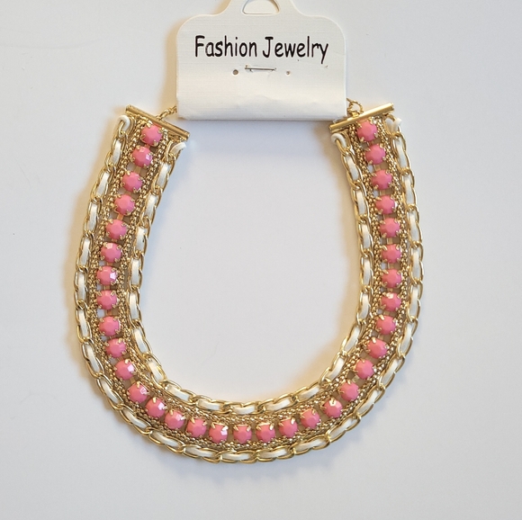Jewelry - New! Statement Necklace Gold-tone Pink Double Row Fashion Necklace Boho Necklace